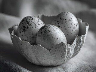 Speckled Eggs in Handmade Paper Bowl Still Life in Monochrome