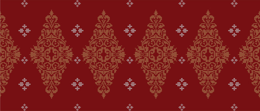 Batik Songket traditional design background. Seamless pattern embroidery Embroidery on fabric. Seamless pattern. Vector illustration for web design or print.