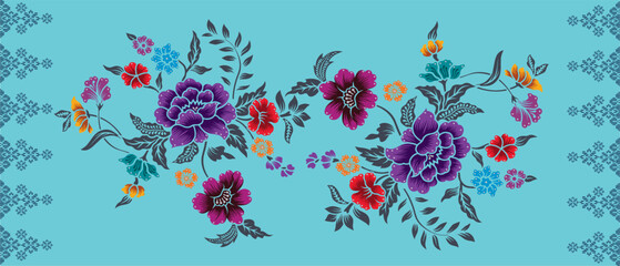 Batik flower Songket traditional design background. Seamless pattern embroidery Embroidery on fabric. Seamless pattern. Vector illustration for web design or print.