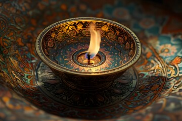 Fototapeta premium Close up view of a burning candle in an ornate decorative bowl with a detailed design
