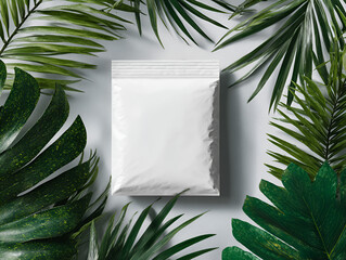 White Blank Package Mockup Surrounded by Green Tropical Leaves