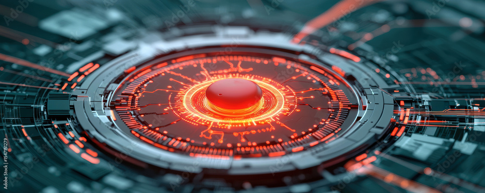 Poster futuristic, digital interface with glowing red and orange circular elements, resembling a high-tech 