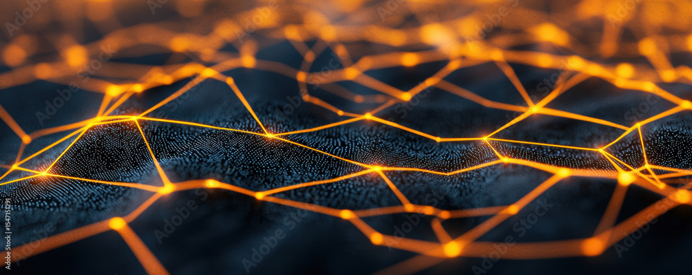 Poster close-up of a dark surface with glowing orange geometric lines forming an interconnected network pat