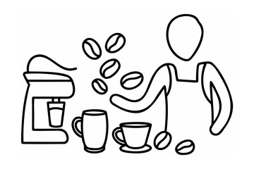 Line Art Coffee Maker Barista Coffee Beans Cups vector