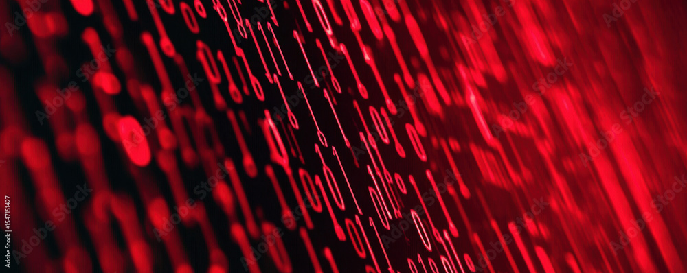 Poster abstract digital code in red and black, representing technology, data flow, and cybersecurity themes