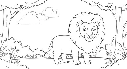 Cute lion coloring page for kids – printable black and white forest animal illustration, fun educational activity, woodland creature line art for children
