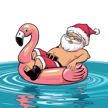 A fun and playful vector illustration of Santa Claus relaxing on a pink inflatable flamingo float in the water. Santa is wearing sunglasses, a classic red Santa hat, and red shorts with a black belt. 
