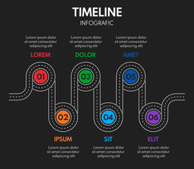 6 steps business infographics. Yellow and black road style timeline. Modern presentation or report template.