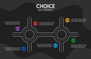 two roundabout with 6 exits, round crossroad vector infograpjic, white chart on black background