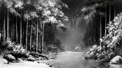 silent snowfall in monochrome forest, still moment