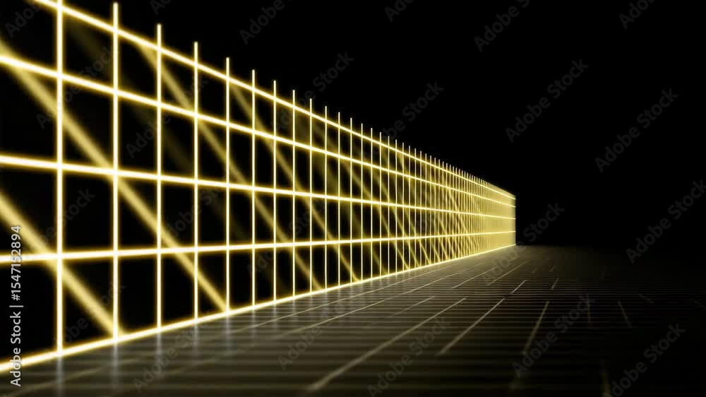 Poster glowing yellow grid corridor with futuristic dark background and dynamic digital tunnel effect