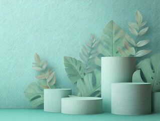 Mint Green Product Display with Tropical Leaves Minimalist Presentation Scene