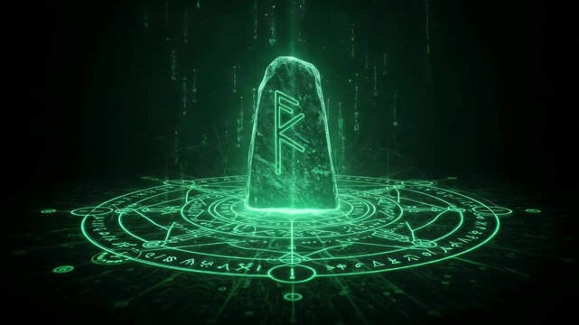 Glowing green rune stone in center of arcane circle