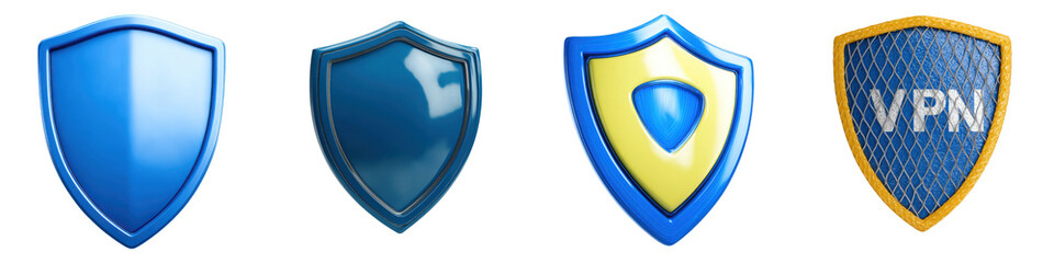 Fototapeta premium Four different shield designs in varying shades of blue and one gold accent shield.