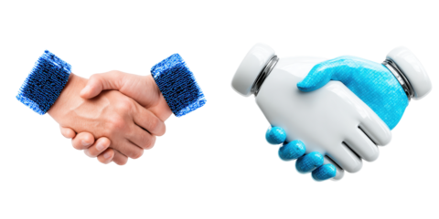 Hands shaking, symbolizing partnership between humans and technology.