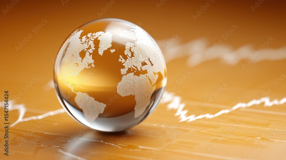 Aufkleber a globe with a world map, representing global finance and data analytics on an orange background.
