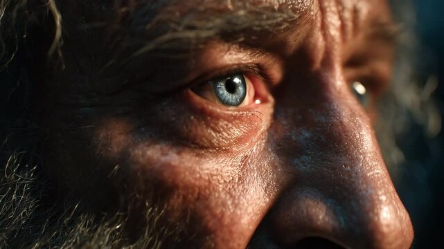 Intense close-up of a Moses face, showcasing piercing blue eyes and textured skin, with subtle camera shifts enhancing emotional depth in a cinematic, dramatic style.