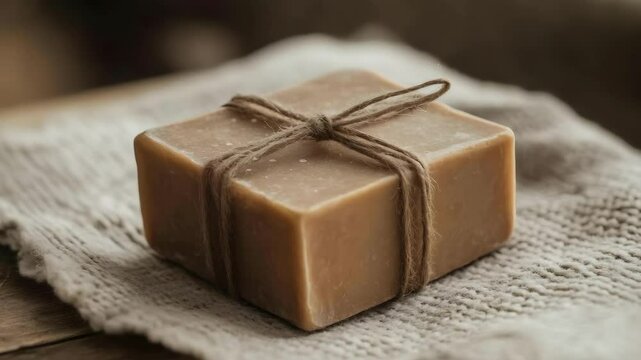 A wrapped bar of soap tied with twine on a textured surface.