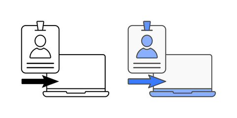 ID badge and device handover icon with ID card, laptop, and arrow, in outline and color styles, perfect for illustrating employee equipment distribution, onboarding logistics, and IT asset assignment.