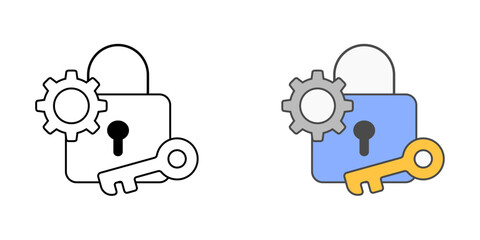 Password setup icon with lock, key, and gear, in outline and color styles, ideal for illustrating new account security, IT onboarding, and credential configuration in employee access systems.