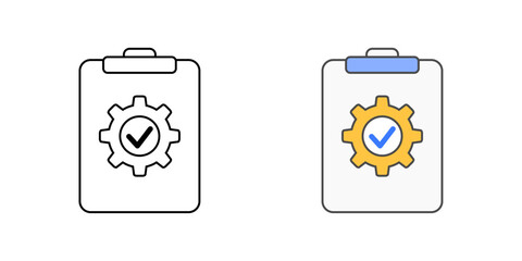 IT welcome checklist icon with clipboard, check marks, and gear, in outline and color styles, perfect for illustrating new hire setup tasks, IT onboarding procedures, and employee tech readiness.