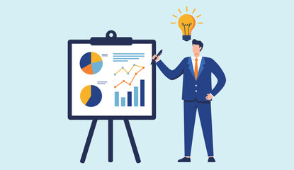 Business Strategy and Data Analysis: Businessman Presenting Growth Charts, Financial Reports, and Innovative Ideas for Marketing, Sales, and Project Development.