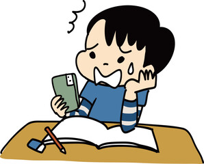 宿題中スマホをいじってドキっとしている男の子