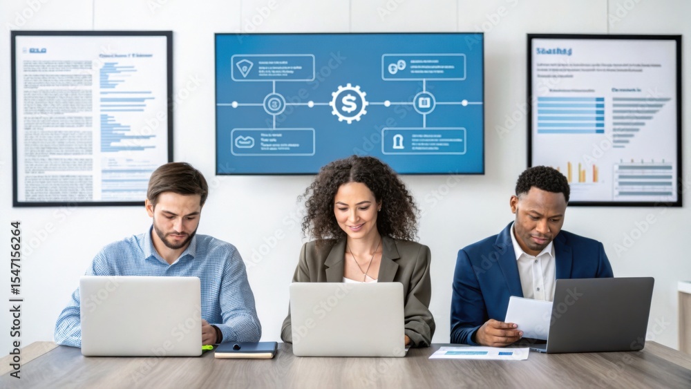 Poster three professionals work at a desk with laptops and documents, collaborating in a modern office with