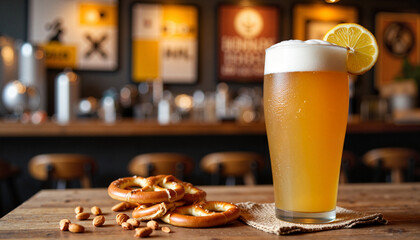 Wheat beer with orange slice and pretzels on wooden table, festive ambiance
