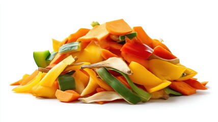 Colorful vegetable peels piled together, showcasing vibrant hues and textures in a natural setting.