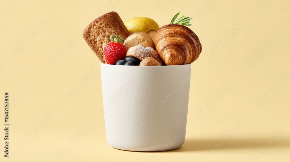 Poster container filled with colorful fruits and shells against a soft yellow background.
