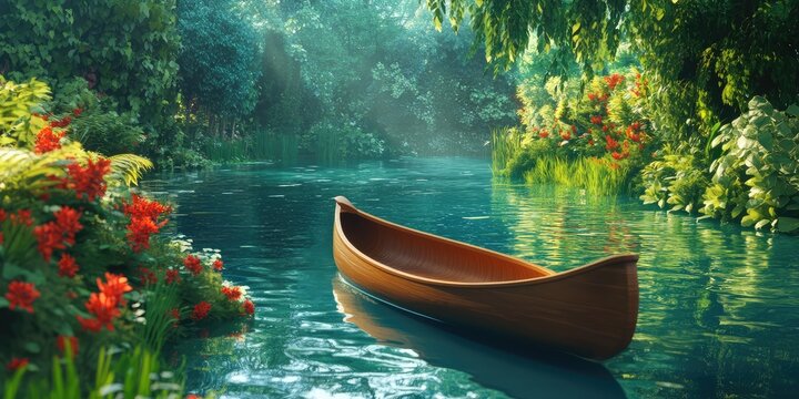 A wooden boat is floating on a river