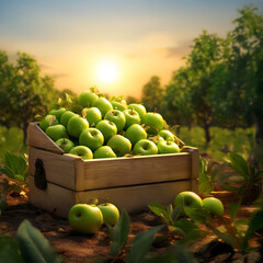 Green apples harvested in a wooden box in apple orchard with sunset. Natural organic fruit abundance. Agriculture, healthy and natural food concept.
