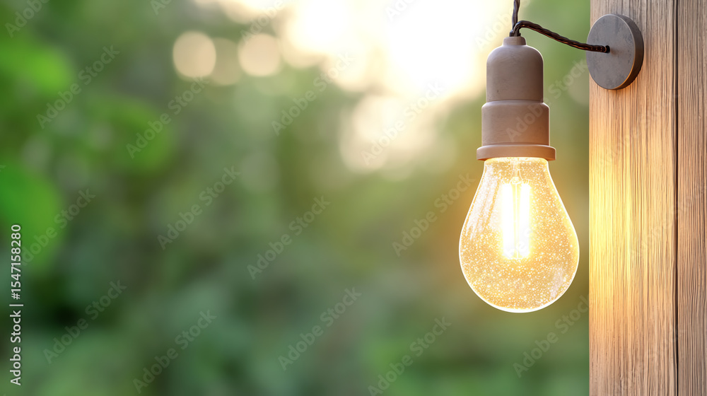 Aufkleber a beautifully lit hanging light bulb against a backdrop of nature, creating a warm and inviting atmo