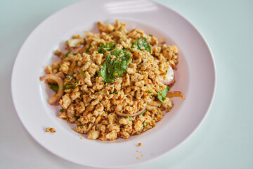 Spicy Minced Chicken Salad serving in plate