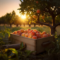 Apricots harvested in a wooden box in an orchard with sunset. Natural organic fruit abundance. Agriculture, healthy and natural food concept. Square composition.