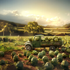 Cargo truck carrying artichoke vegetable in a field. Concept of agriculture, food production, transportation, cargo and shipping.