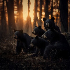 Black bear family walking towards the camera in the forest with setting sun. Group of wild animals in nature.