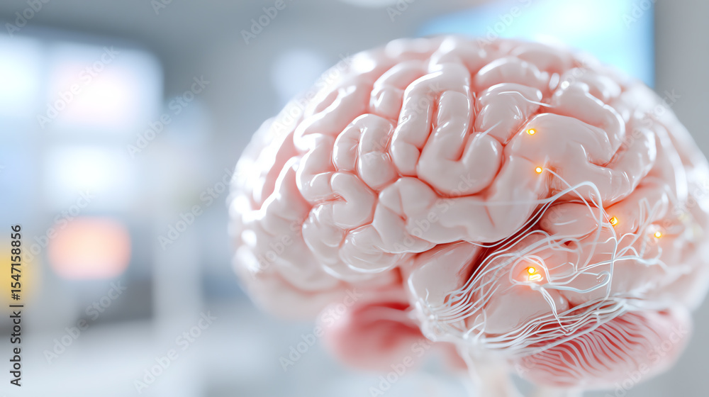 Poster a close-up view of a brain, showcasing its intricate structure and neural connections in a modern en
