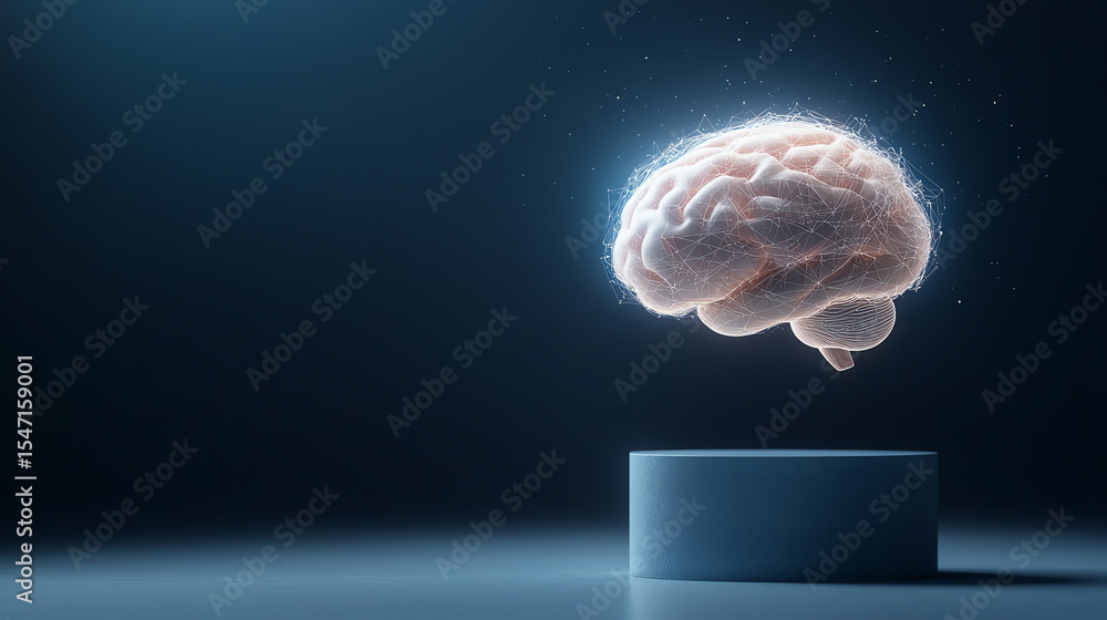 Poster a conceptual floating brain, symbolizing intelligence, creativity, and neuroscience in a modern, abs