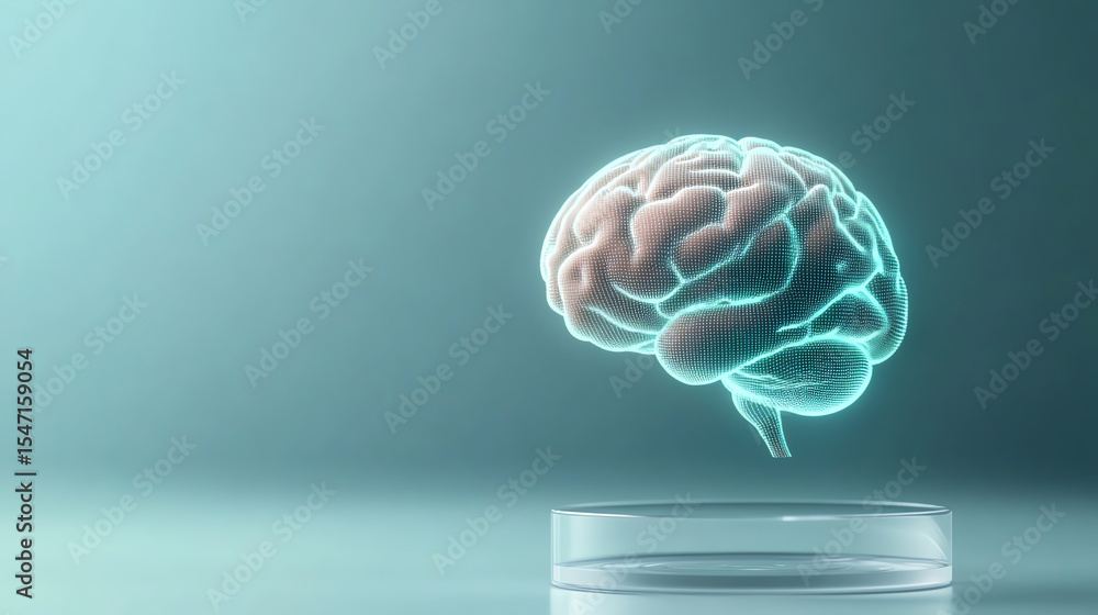 Poster a conceptual visual of a glowing brain floating above a glass container, representing neuroscience a