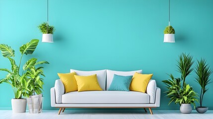 Teal wall, White sofa, Yellow pillows, Modern Living Room Interior with White Sofa and Teal Wall