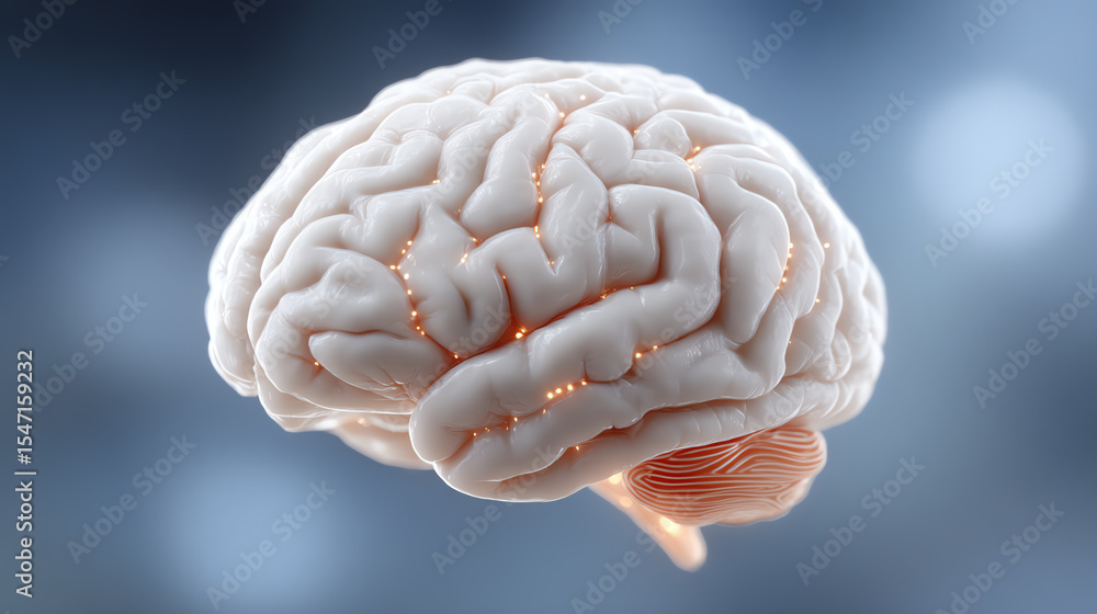 Poster A detailed close-up of a human brain showcasing intricate structures and textures against a soft focus background.