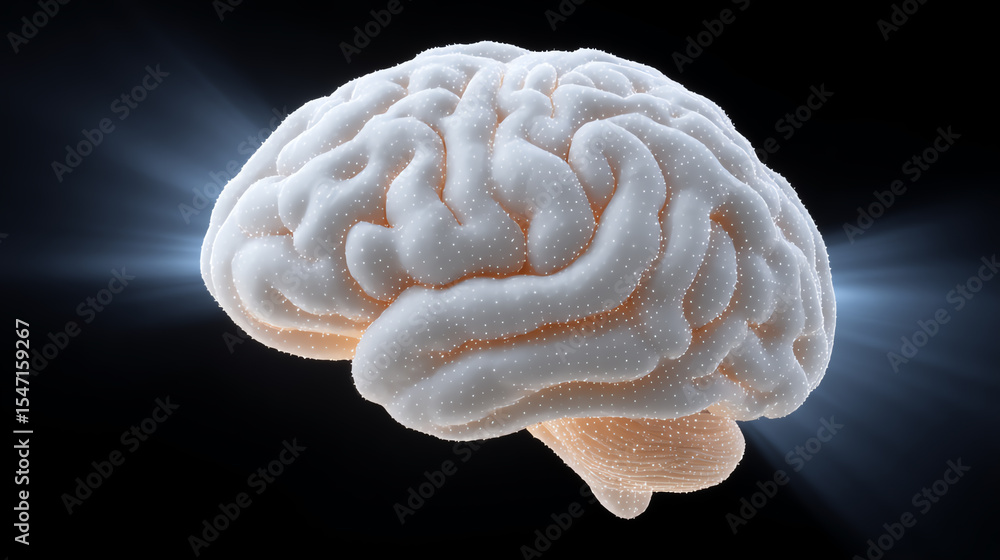 Poster a detailed, close-up view of a human brain illuminated against a dark background, symbolizing intell