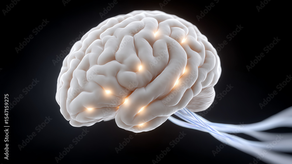 Aufkleber A detailed digital rendering of a brain connected by glowing wires, representing neural activity and cognitive processes.