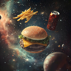 Delicious fast food—hamburger, fries, and soda can—drifting in zero gravity against a cosmic backdrop of glowing stars and nebulae, surreal space food concept, perfect for stock photography.