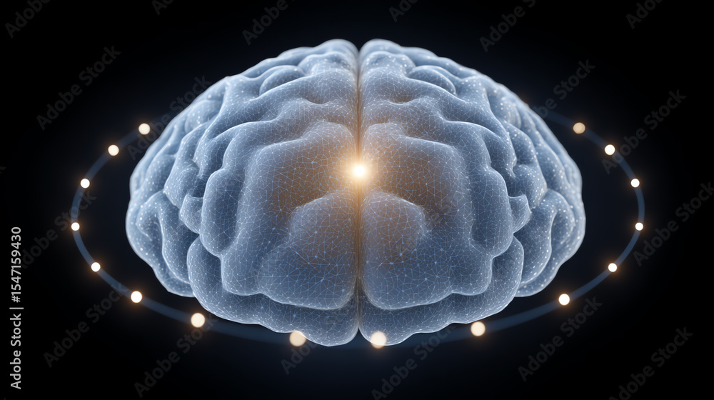Poster A digital rendering of a glowing brain representation surrounded by ethereal light, symbolizing knowledge and consciousness.