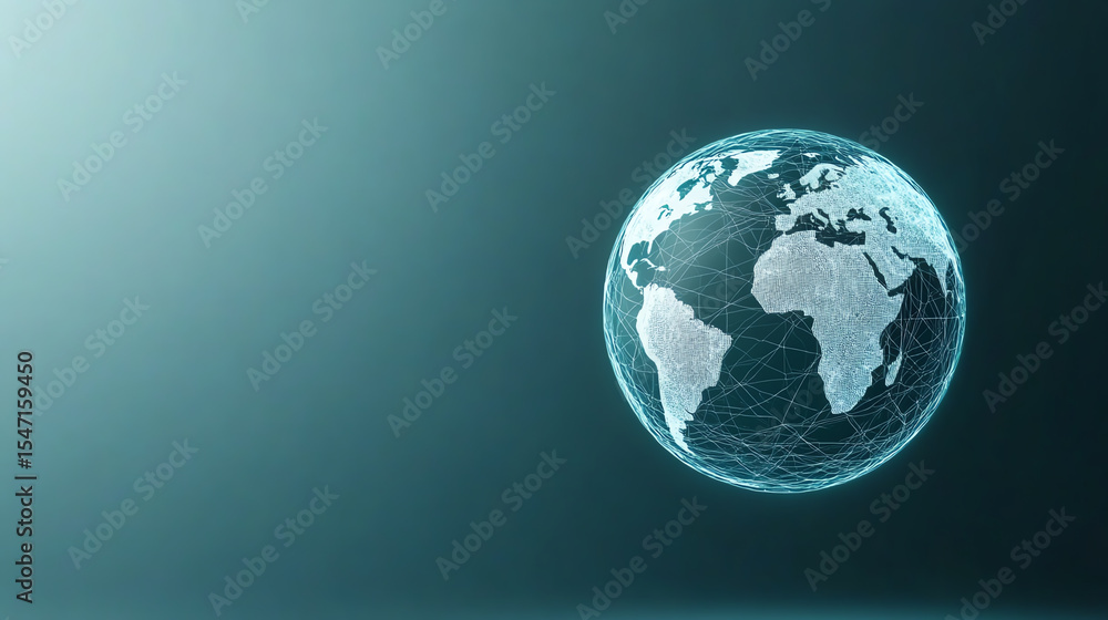 Poster a digital representation of earth, showcasing a modern, futuristic globe with a network design, high