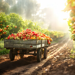 Vintage truck carrying various types of fruits in an orchard with sunset. Concept of food transportation, logistics and cargo.