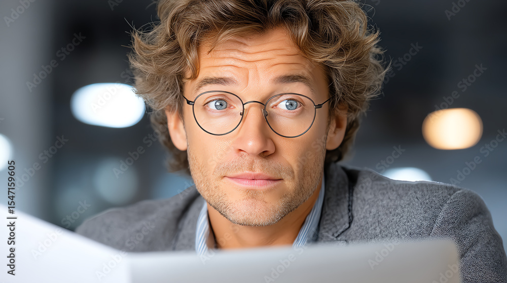 Poster a focused man with glasses reviewing documents in a modern workspace, showcasing concentration and p